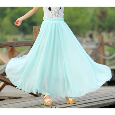 【今季のトレンド】 シフォン地　フレアロングスカート ミントグリーン