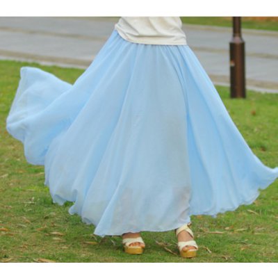 【今季のトレンド】 シフォン地　フレアロングスカート ブルー